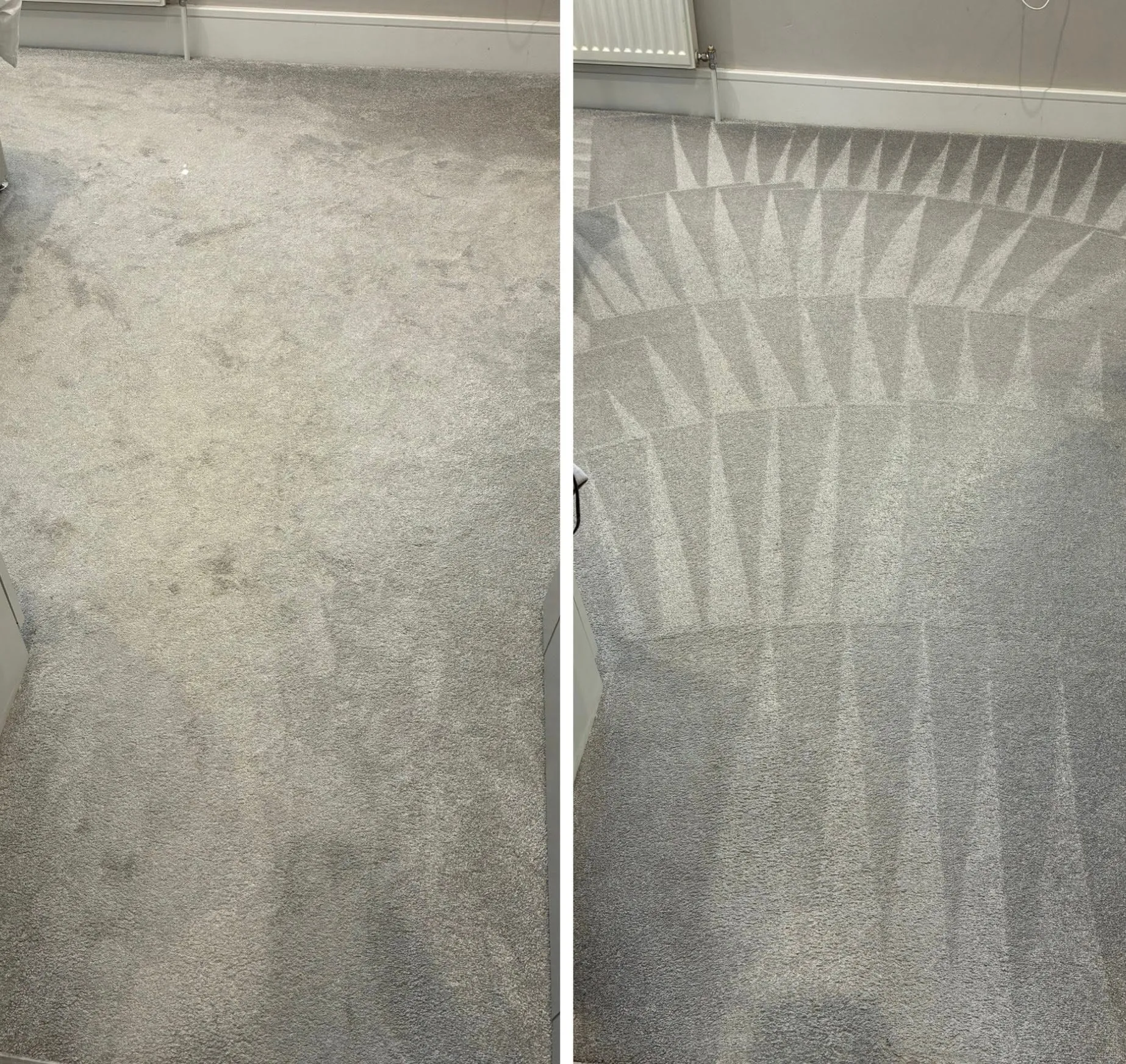 Before and after professional carpet cleaning in Hemel Hempstead — a grey lounge carpet with ground-in dirt lifted out