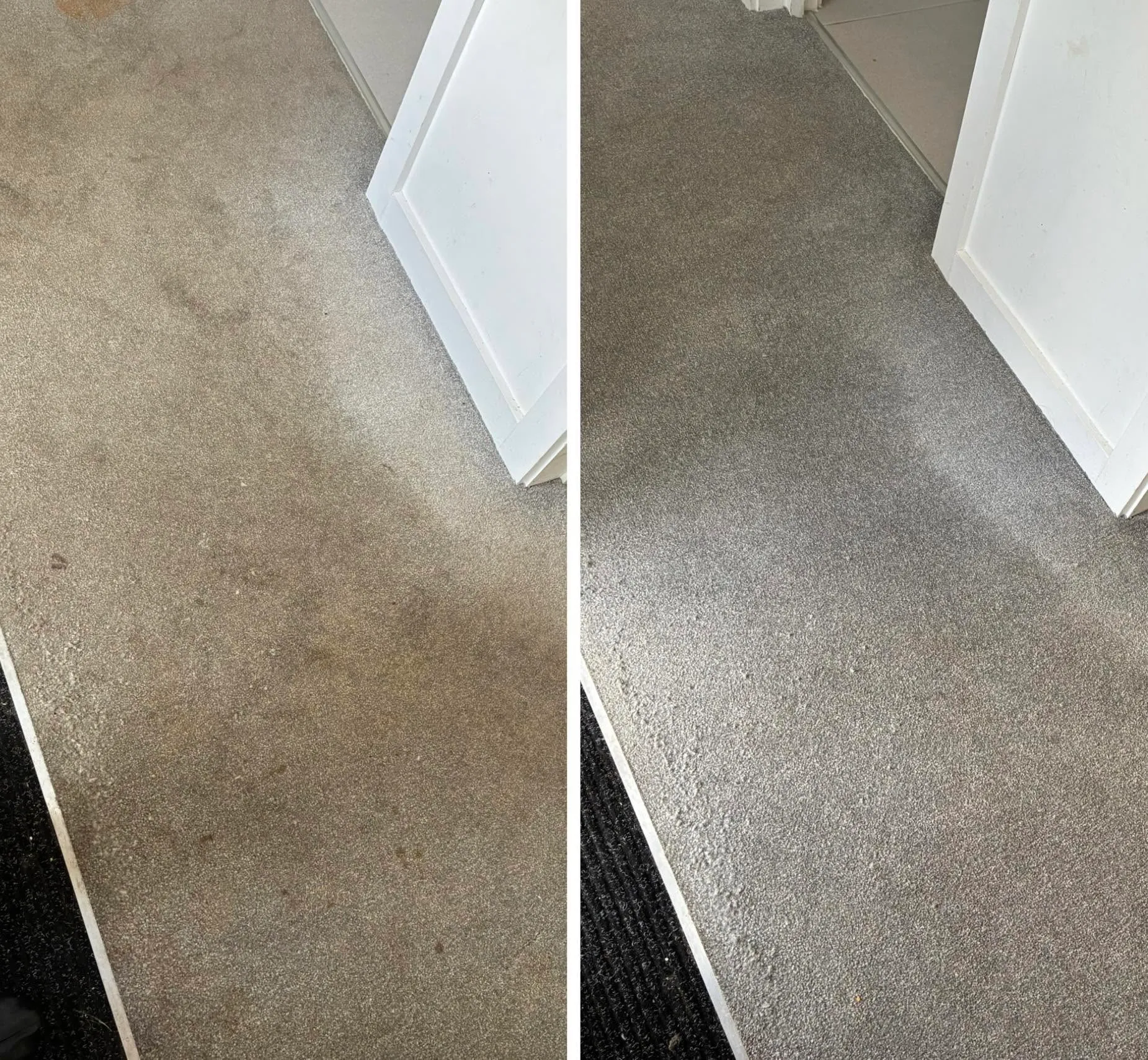 Before and after carpet cleaning by Carpet Glow in Hertfordshire — stains and traffic marks removed