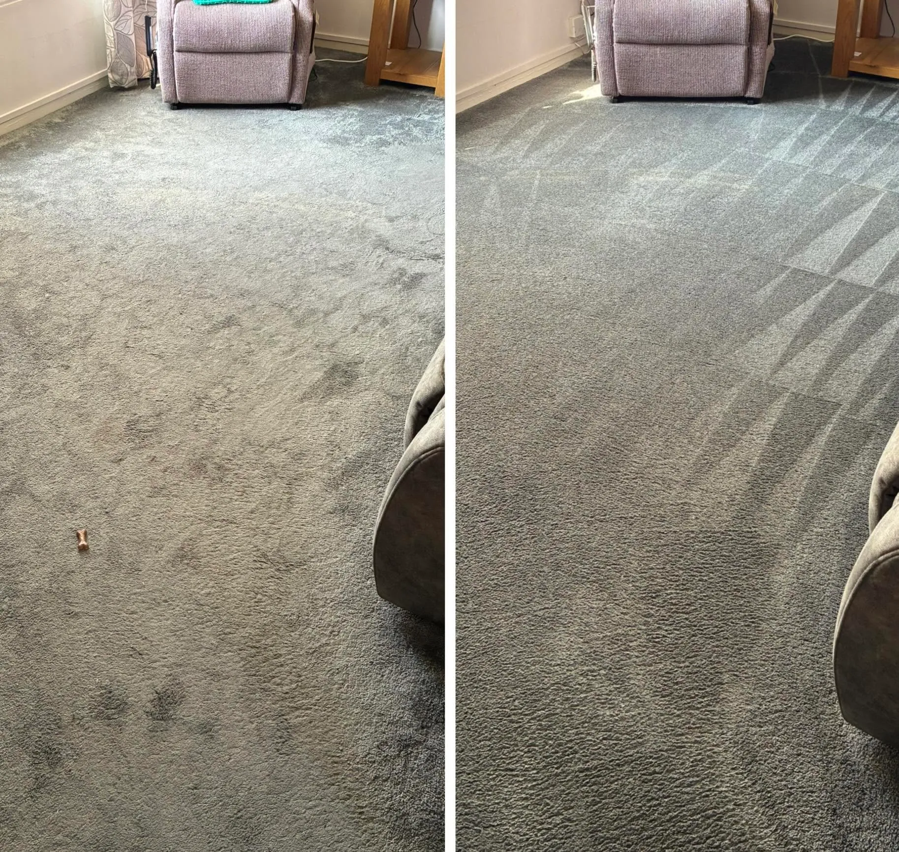 Before and after carpet cleaning by Carpet Glow in Hertfordshire — a heavily soiled carpet brought back to life