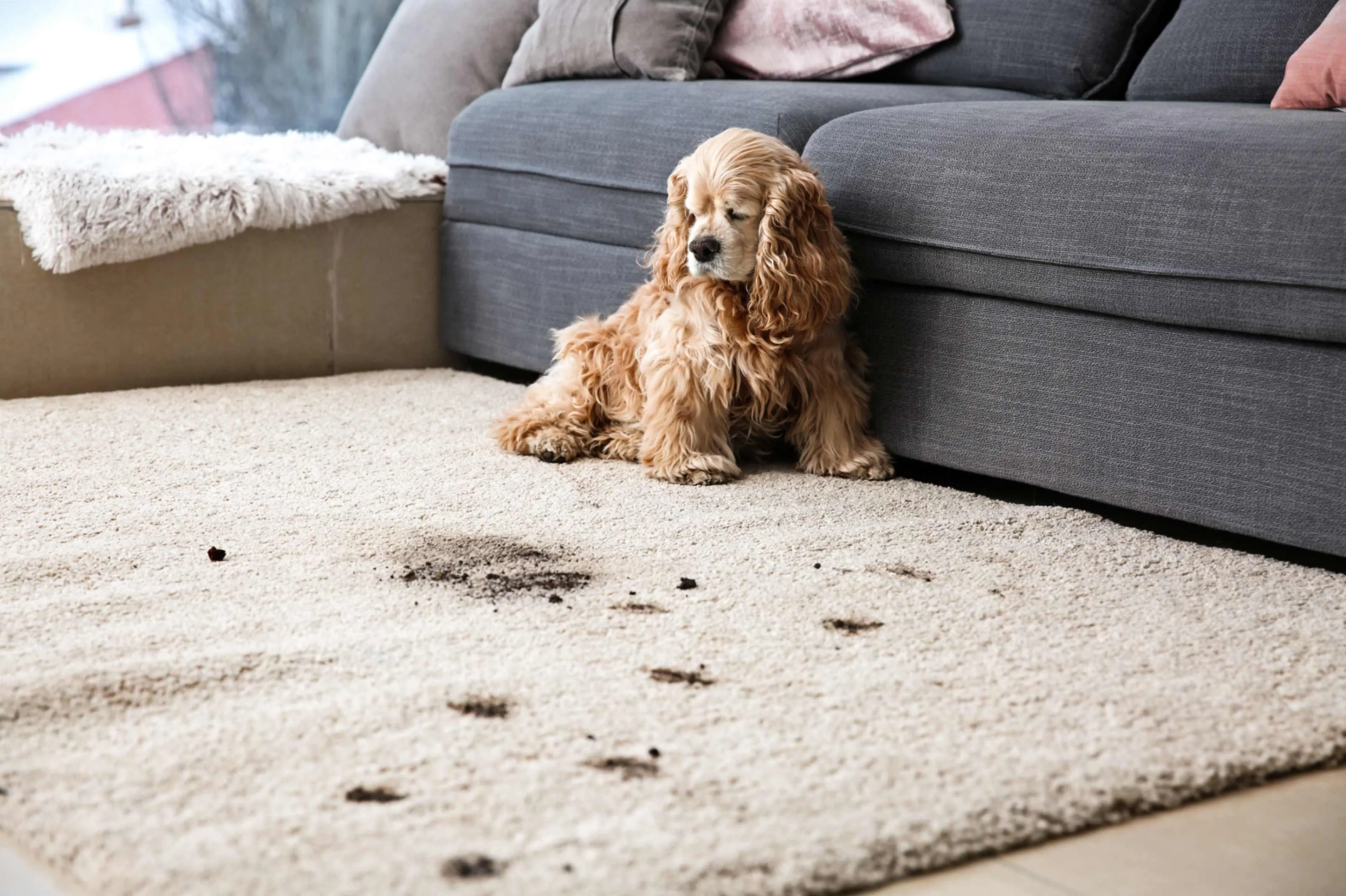 A cocker spaniel beside muddy paw prints on a cream rug — the kind of pet mess professional rug cleaning lifts out