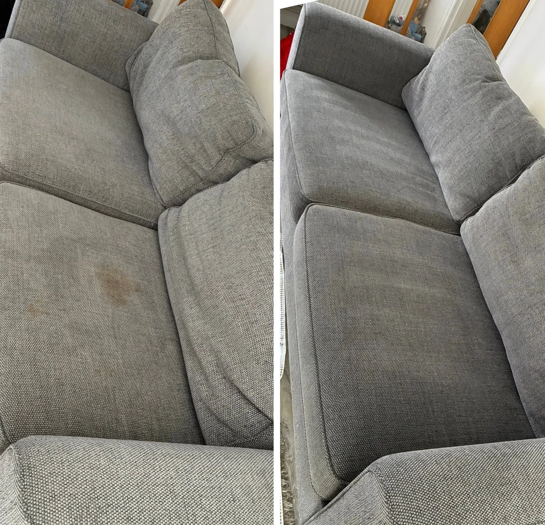 Before and after professional sofa cleaning in Hemel Hempstead — a grey fabric sofa with stains lifted and colour restored