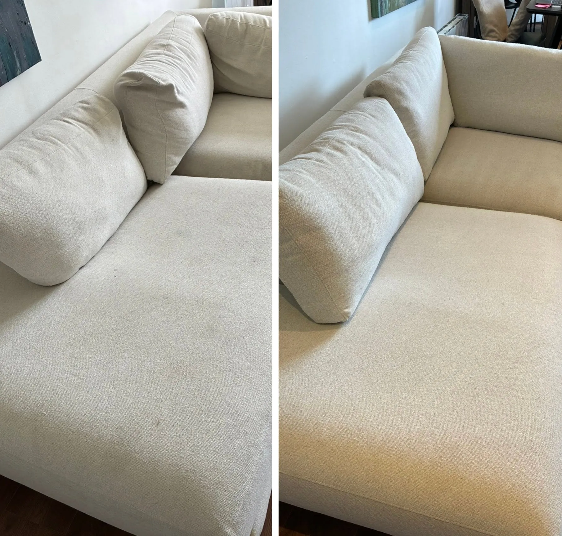 Before and after professional upholstery cleaning in Hemel Hempstead — a fabric sofa left looking fresh and clean