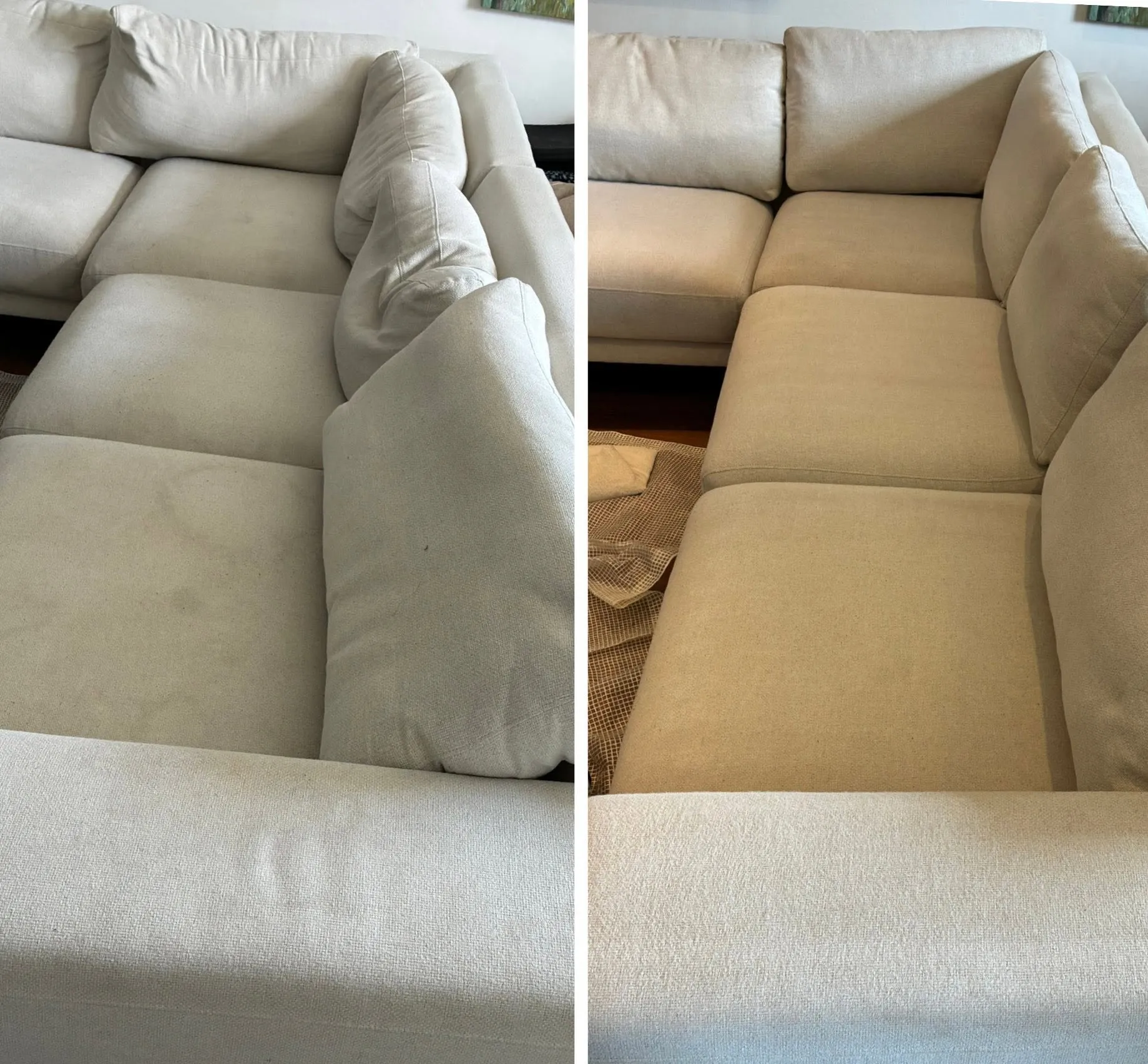 Before and after sofa cleaning by Carpet Glow in Hertfordshire — dirt and marks removed from the seat cushions