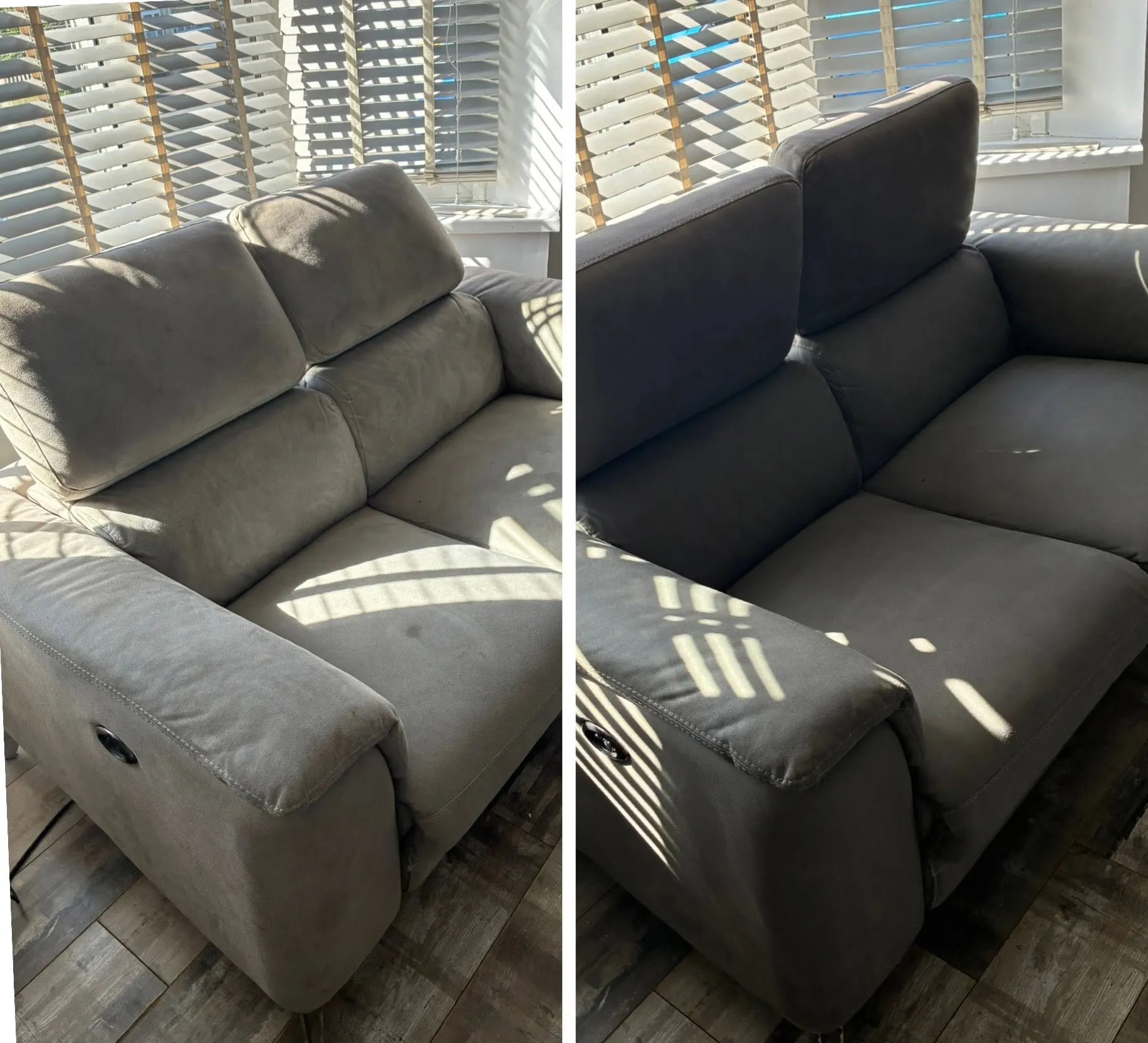 Before and after professional cleaning of a grey fabric recliner sofa in Hemel Hempstead