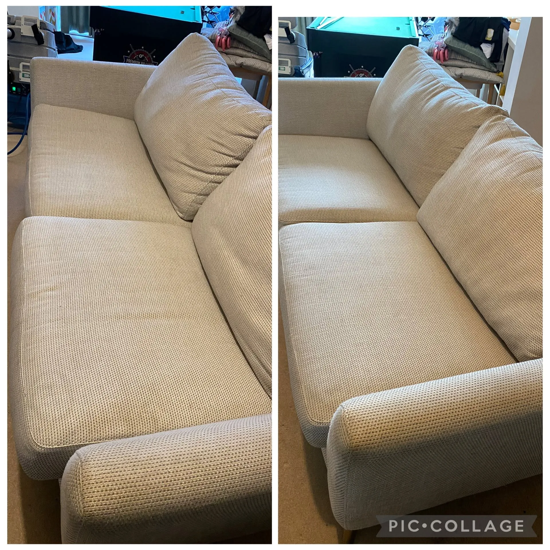 Before and after professional sofa cleaning by Carpet Glow — grubby cushions restored to like-new