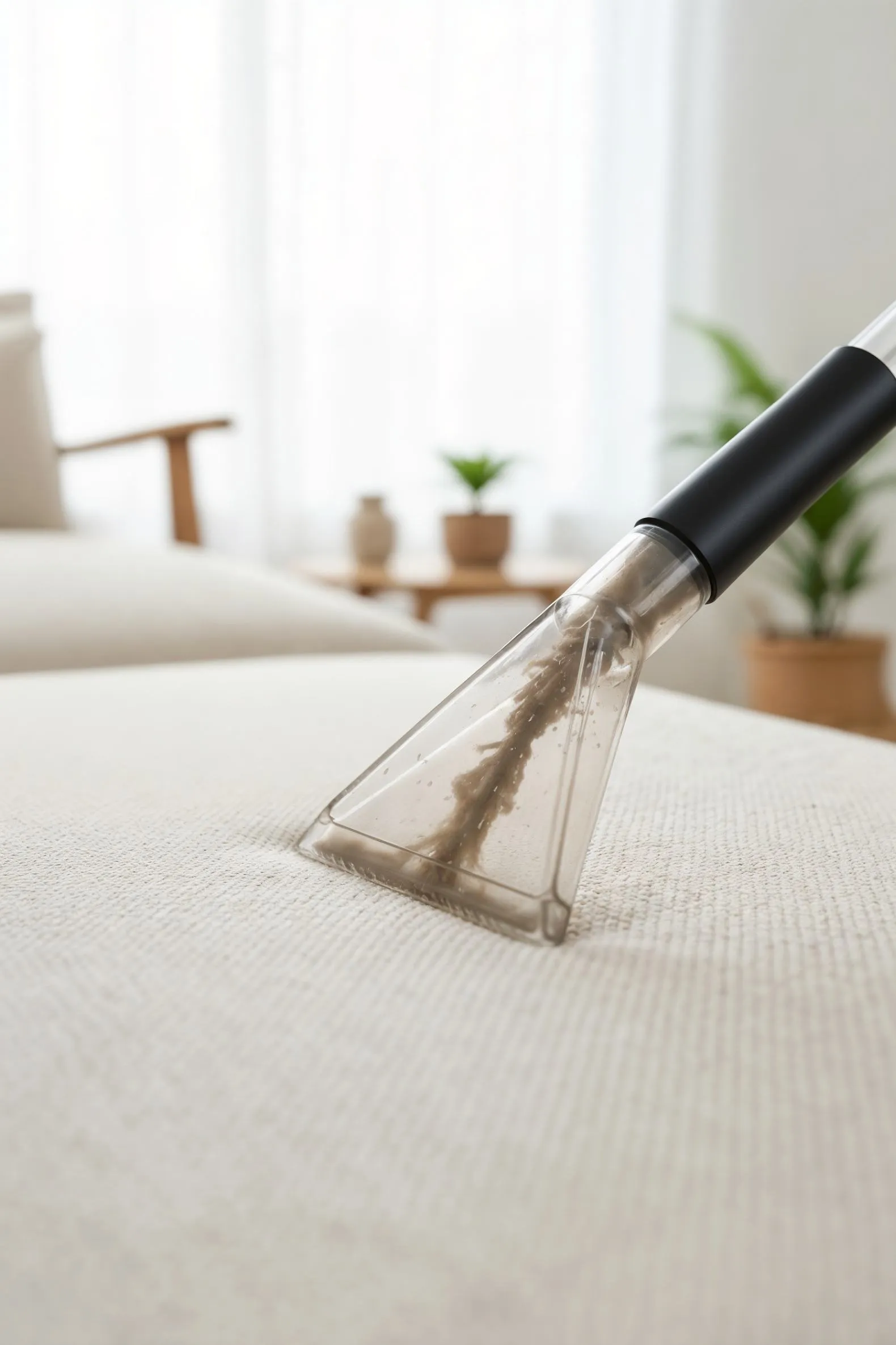An upholstery cleaning tool drawing dirt out of a fabric sofa cushion, showing the grime a deep clean removes